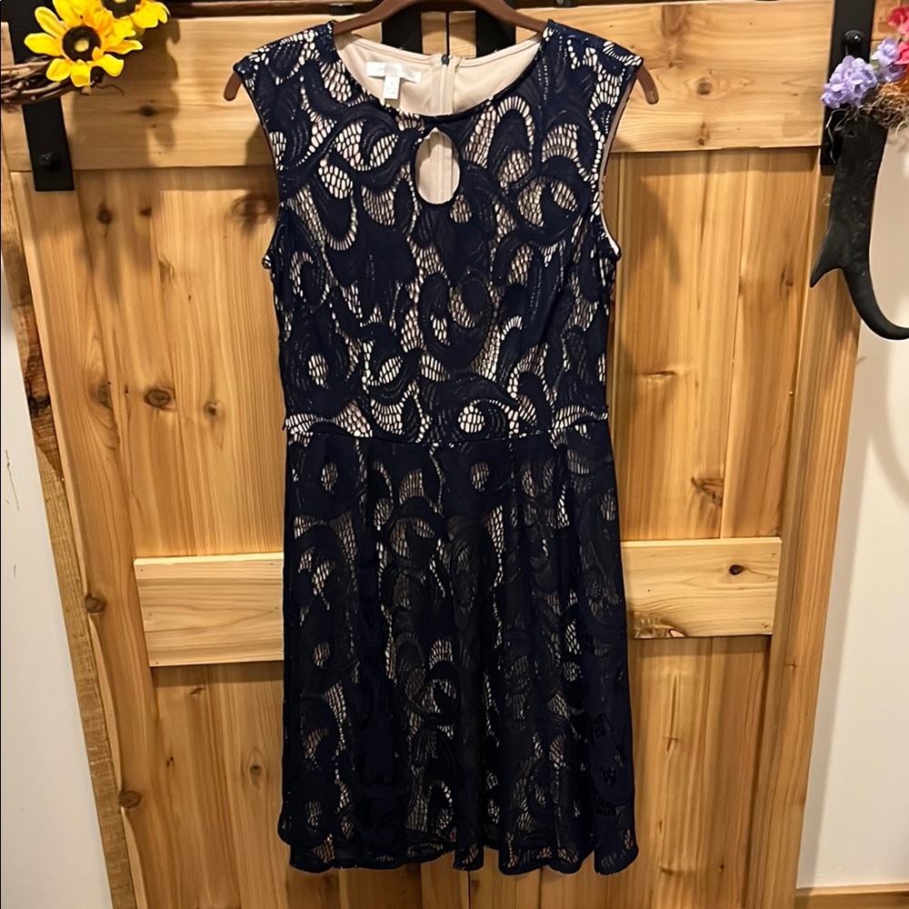 London Times Navy and Cream Midi Dress